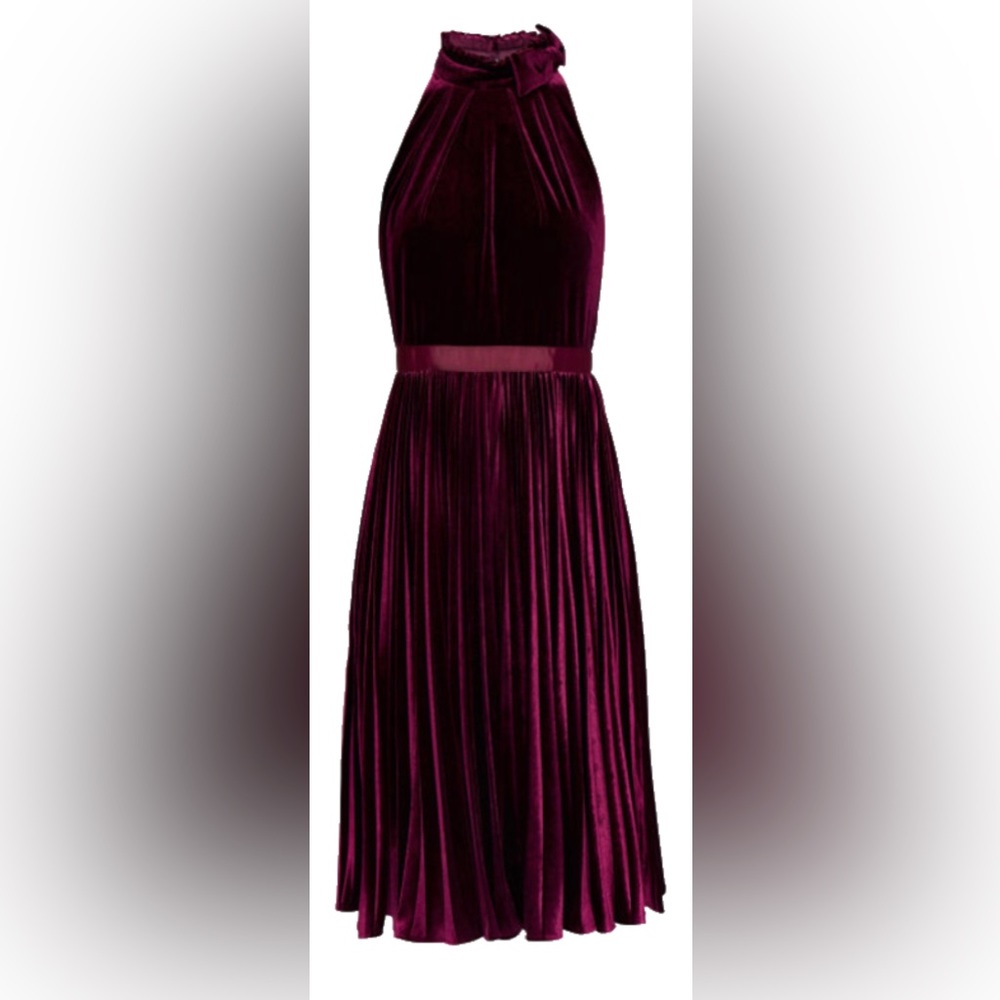 Ted Baker velvet midi pleated dress with bow neck (Ted size 2, US 6)